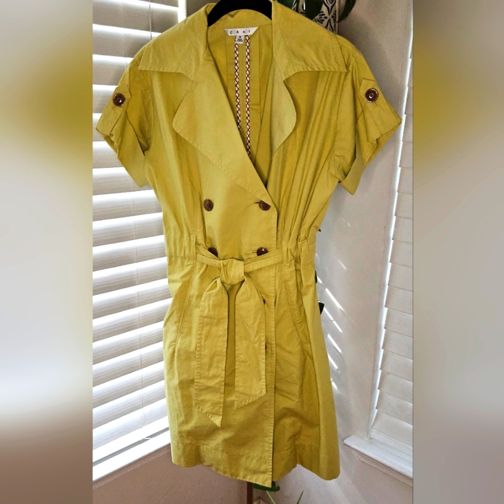 CAbi Safari Trench Dress Jacket Loquat Chartreuse Green Belted Midi